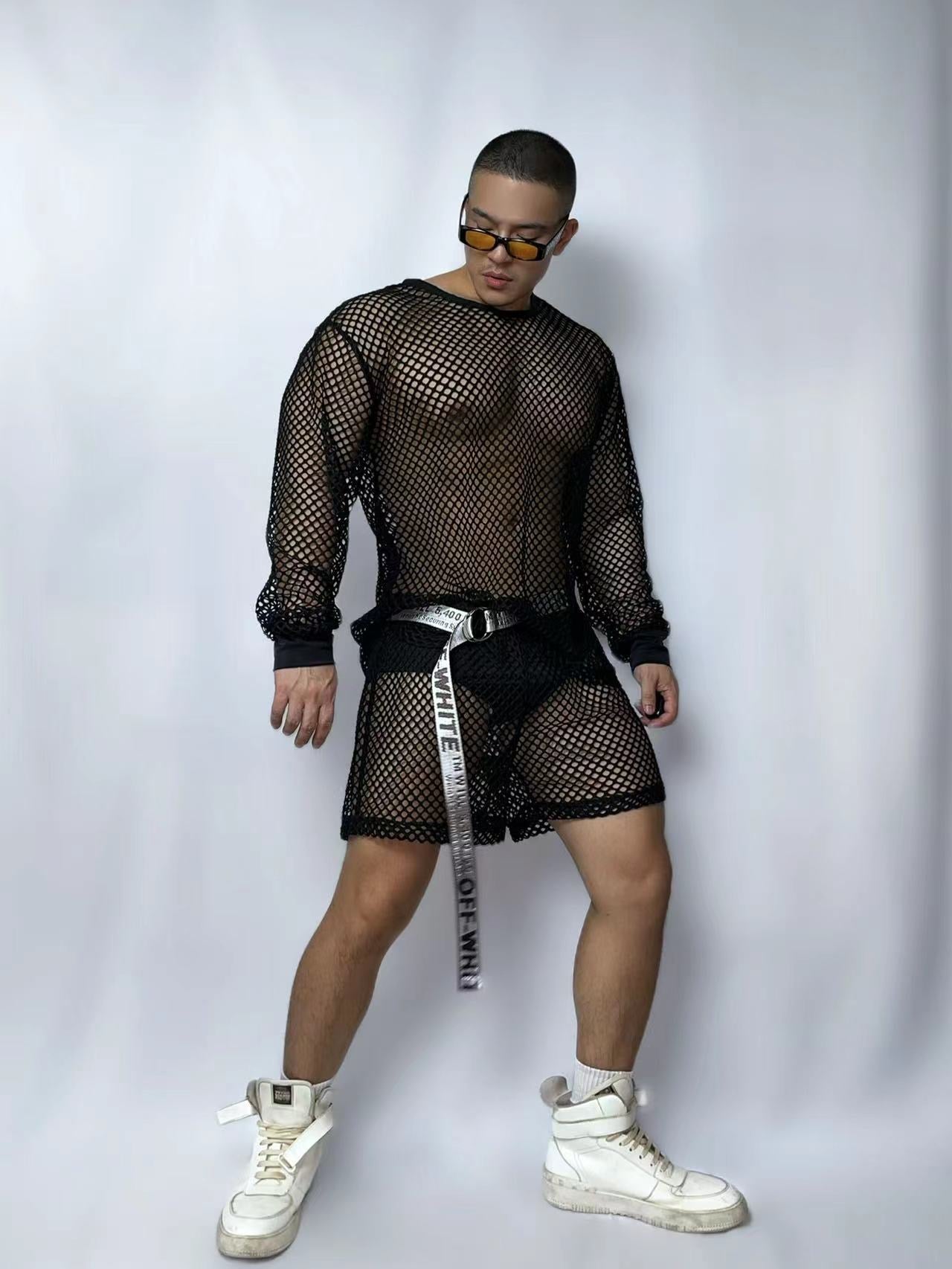 PRINCEWEAR™ | Fishnet Top & Shorts With Belt GoGo Boy Costume